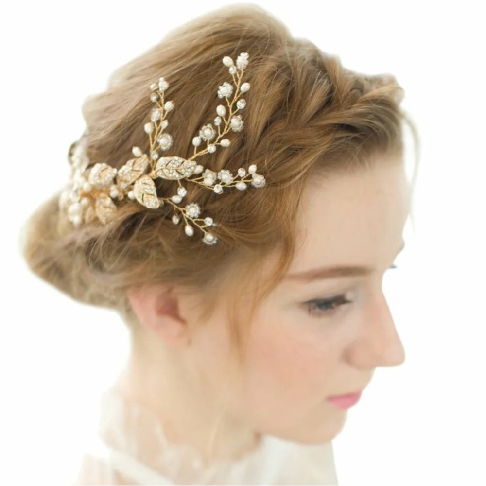 Vintage Gold Twig Crystal Pearl Side Combs Bridal Headpiece Wedding Accessories
